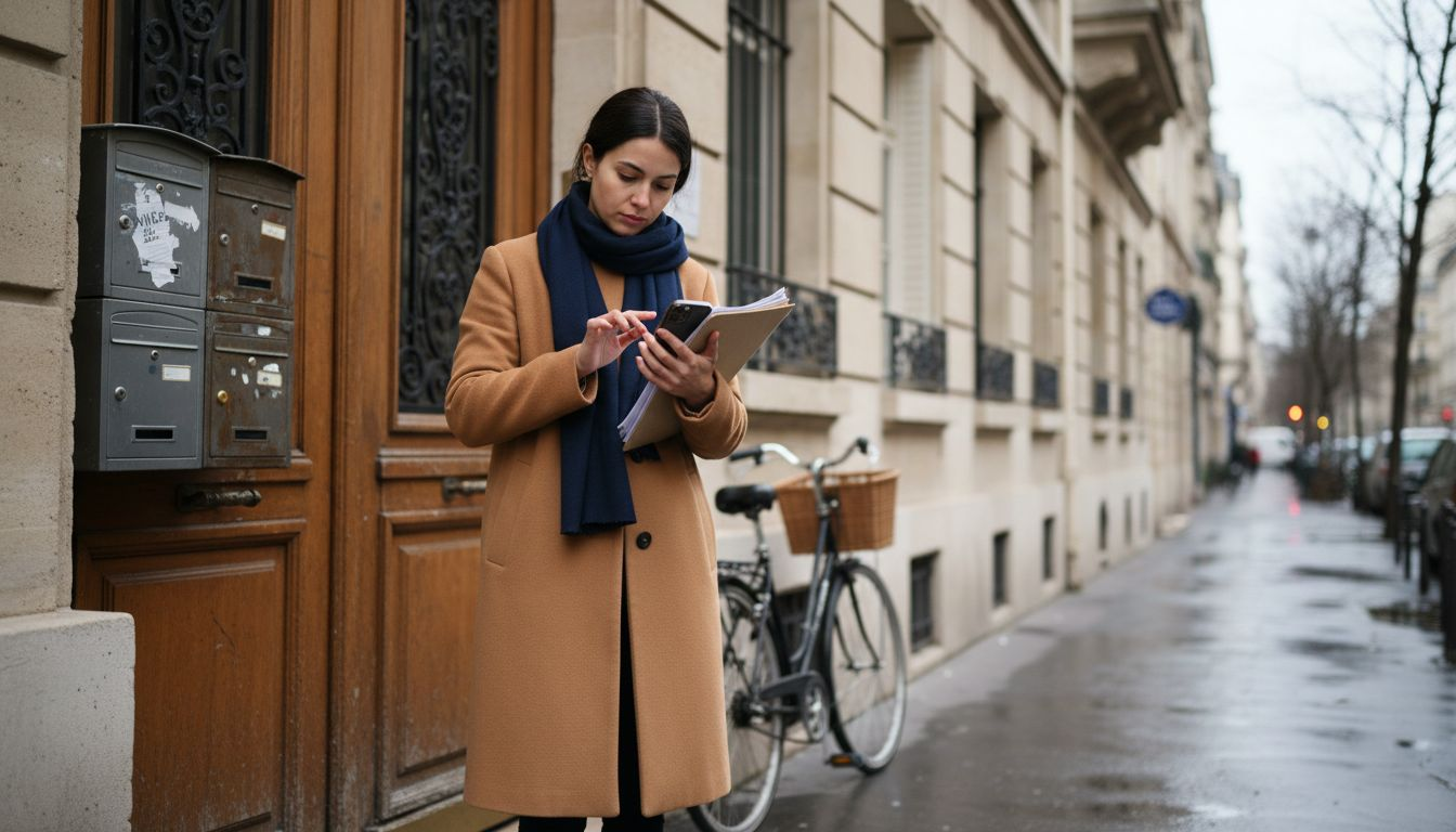 Impact du DPE sur la valeur immobilière en 2026 Une conseillère en immobilier examine un immeuble par temps couvert.