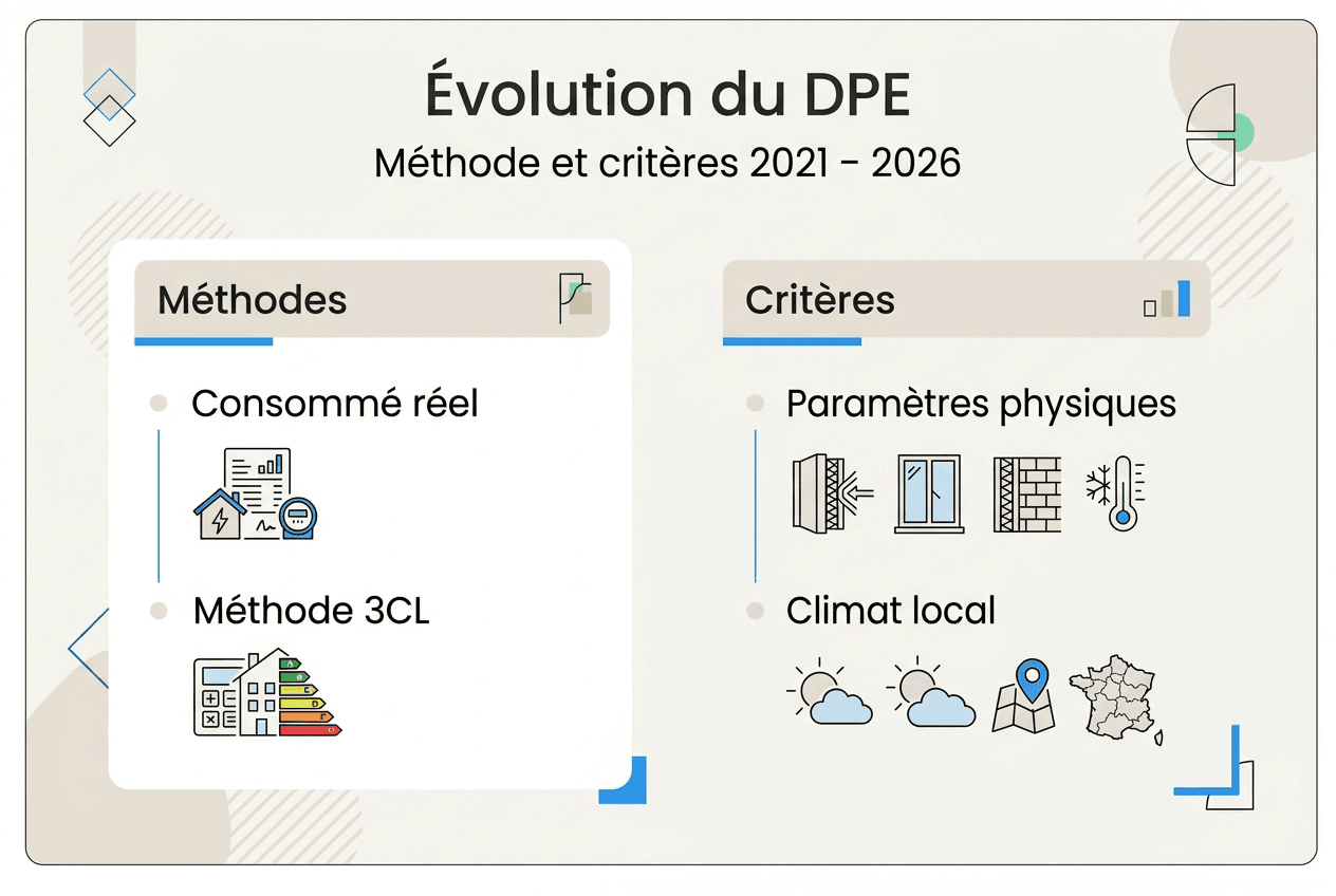 DPE diagnostic : comprendre votre diagnostic énergie 2026 Découvrez en un coup d'œil les différentes méthodes et principaux critères pris en compte pour l’évaluation du DPE.