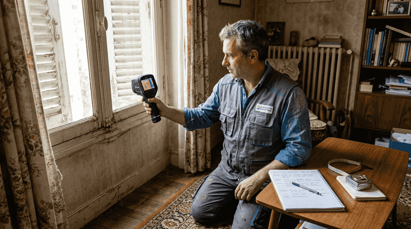 Diagnostics location 2026 : guide complet propriétaires Un professionnel réalise un diagnostic énergétique au domicile des particuliers.