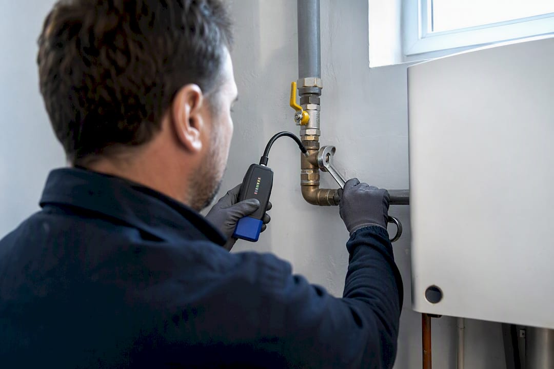 Technicien réalisant le contrôle d’un raccordement gaz