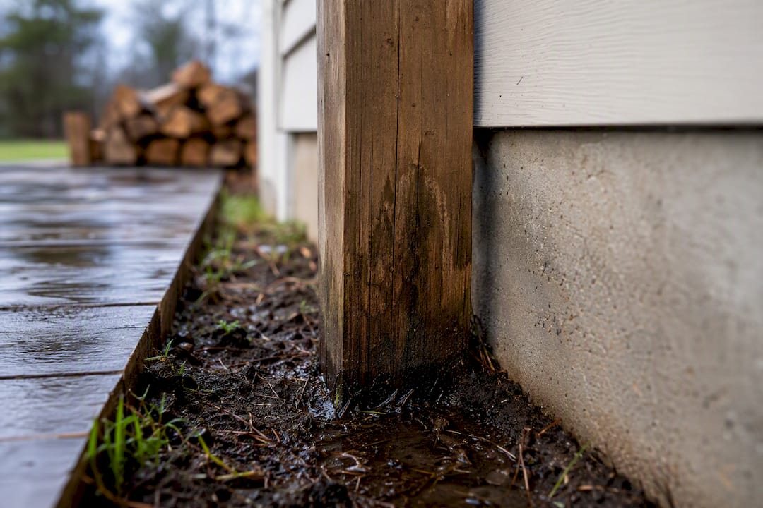 Signes de termites dans une maison : comment les repérer à temps Poteau en bois en contact avec un sol humide