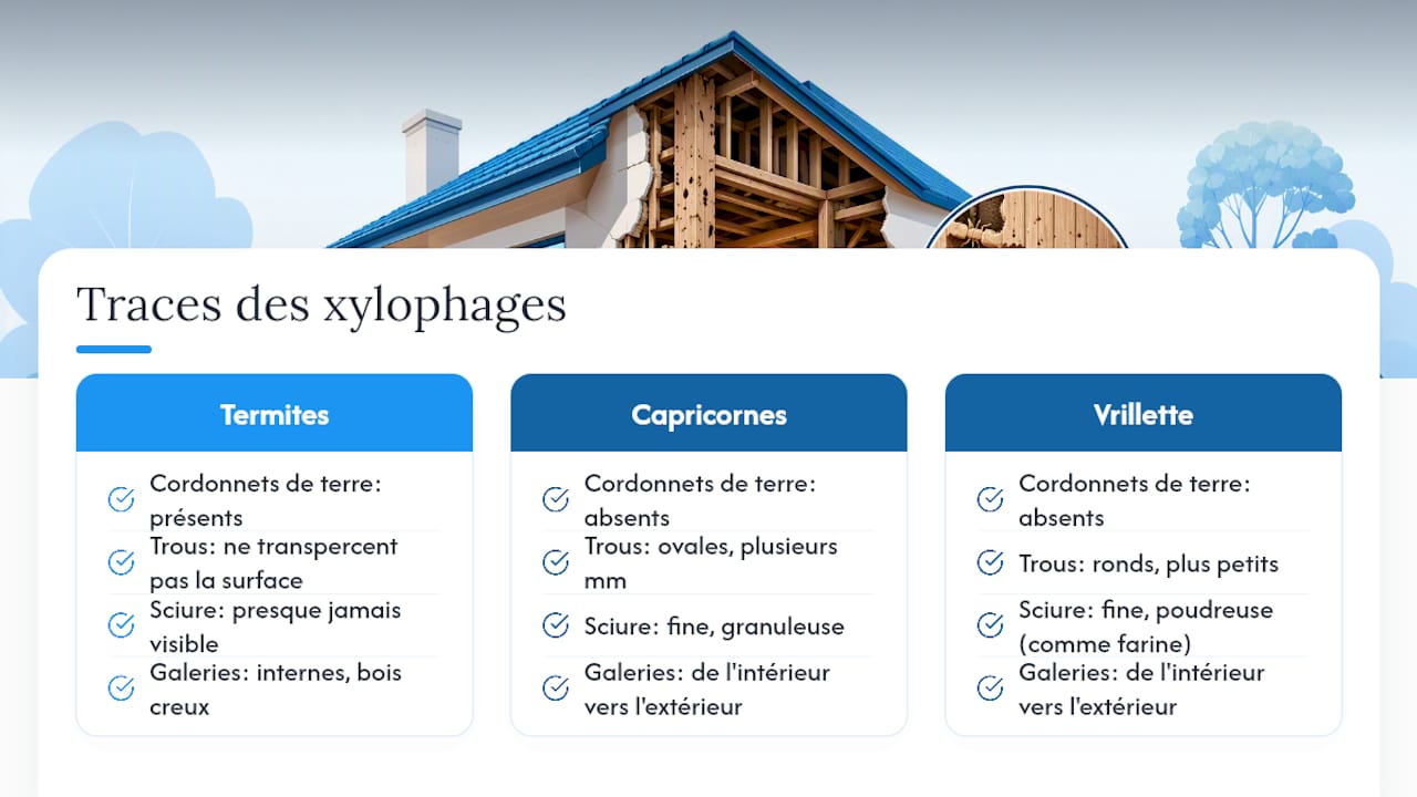 Signes de termites dans une maison : comment les repérer à temps Différences entre termites, capricornes et vrillettes
