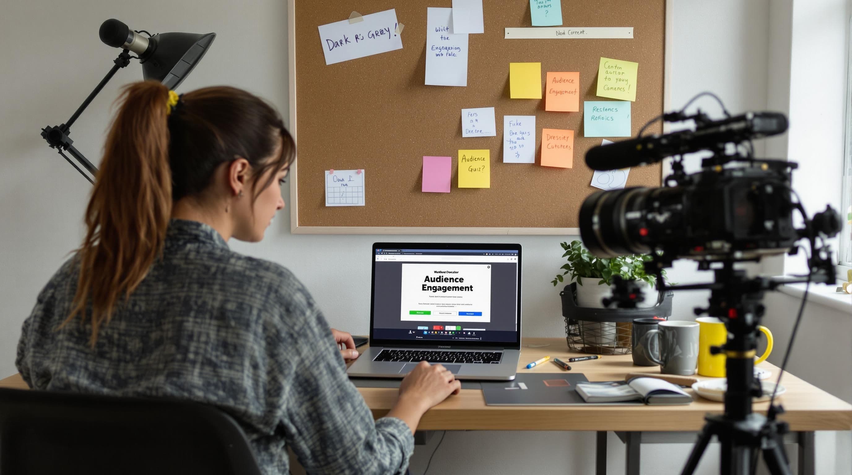 Content creator filming interactive media for audience engagement in home office
