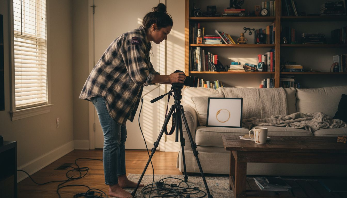 Video creator setting up camera in home studio