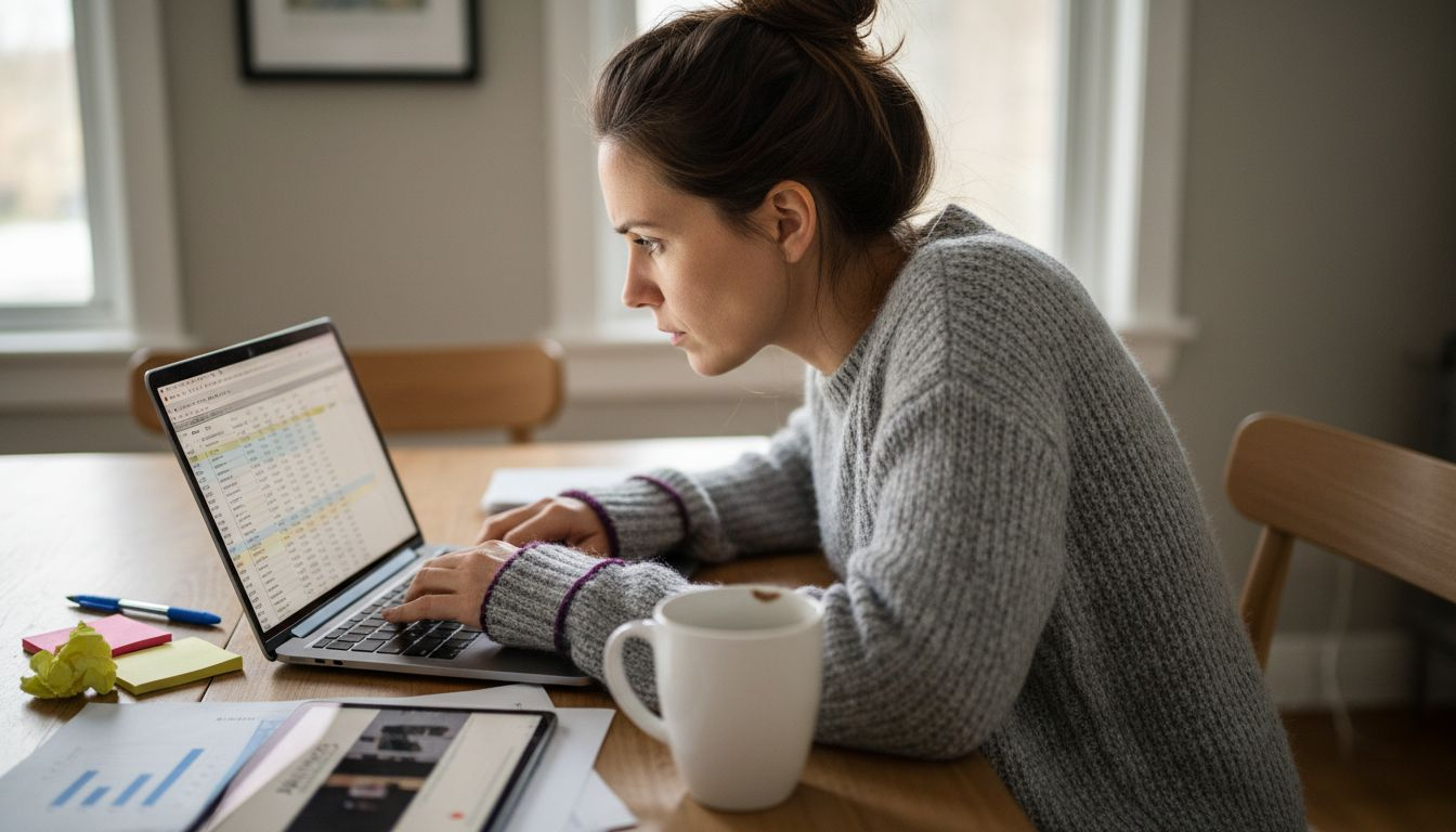 Woman tracking video data in spreadsheet