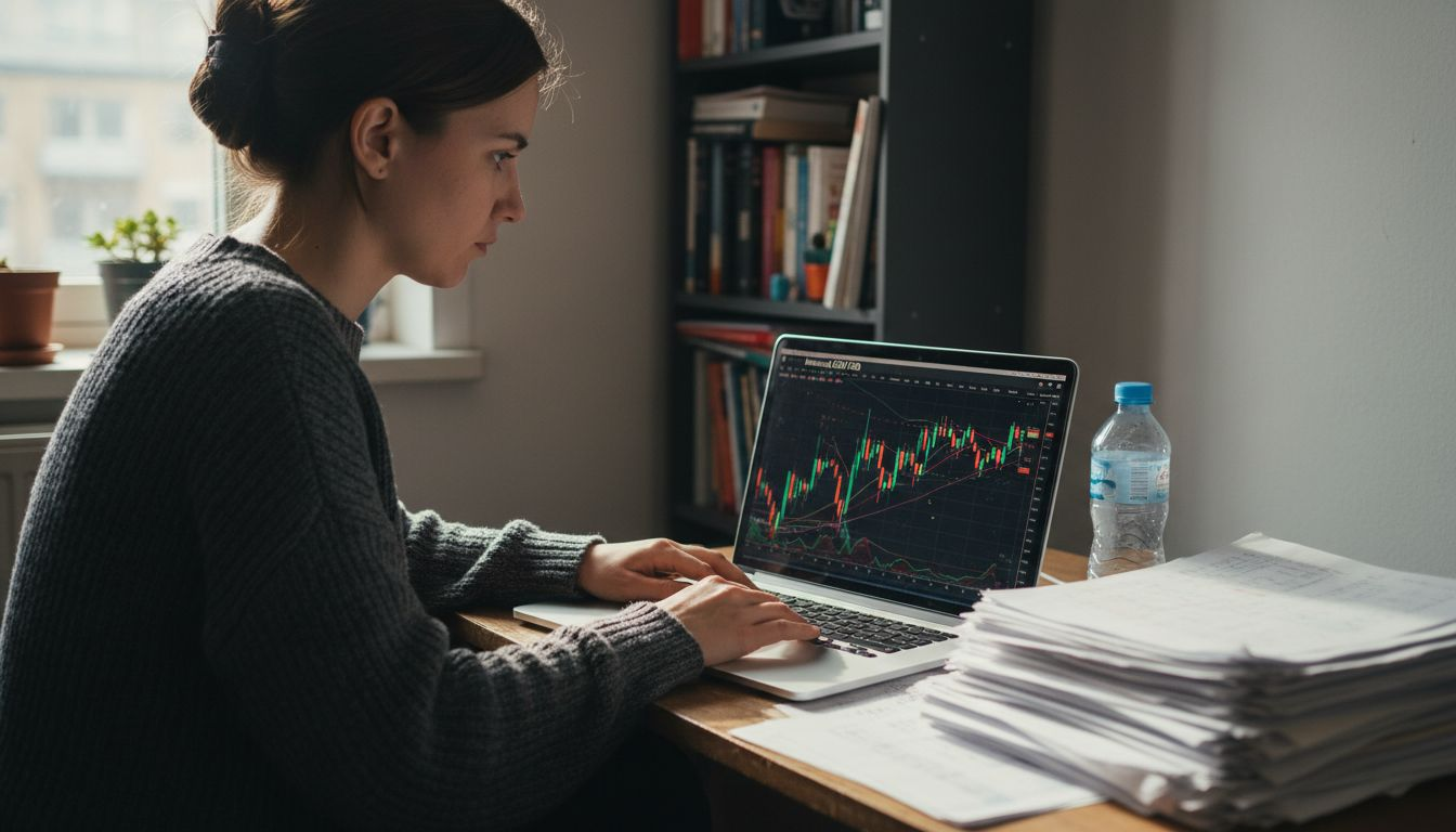 Woman backtesting forex strategy at desk
