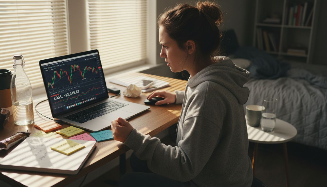 Frustrated trader monitoring losses at home