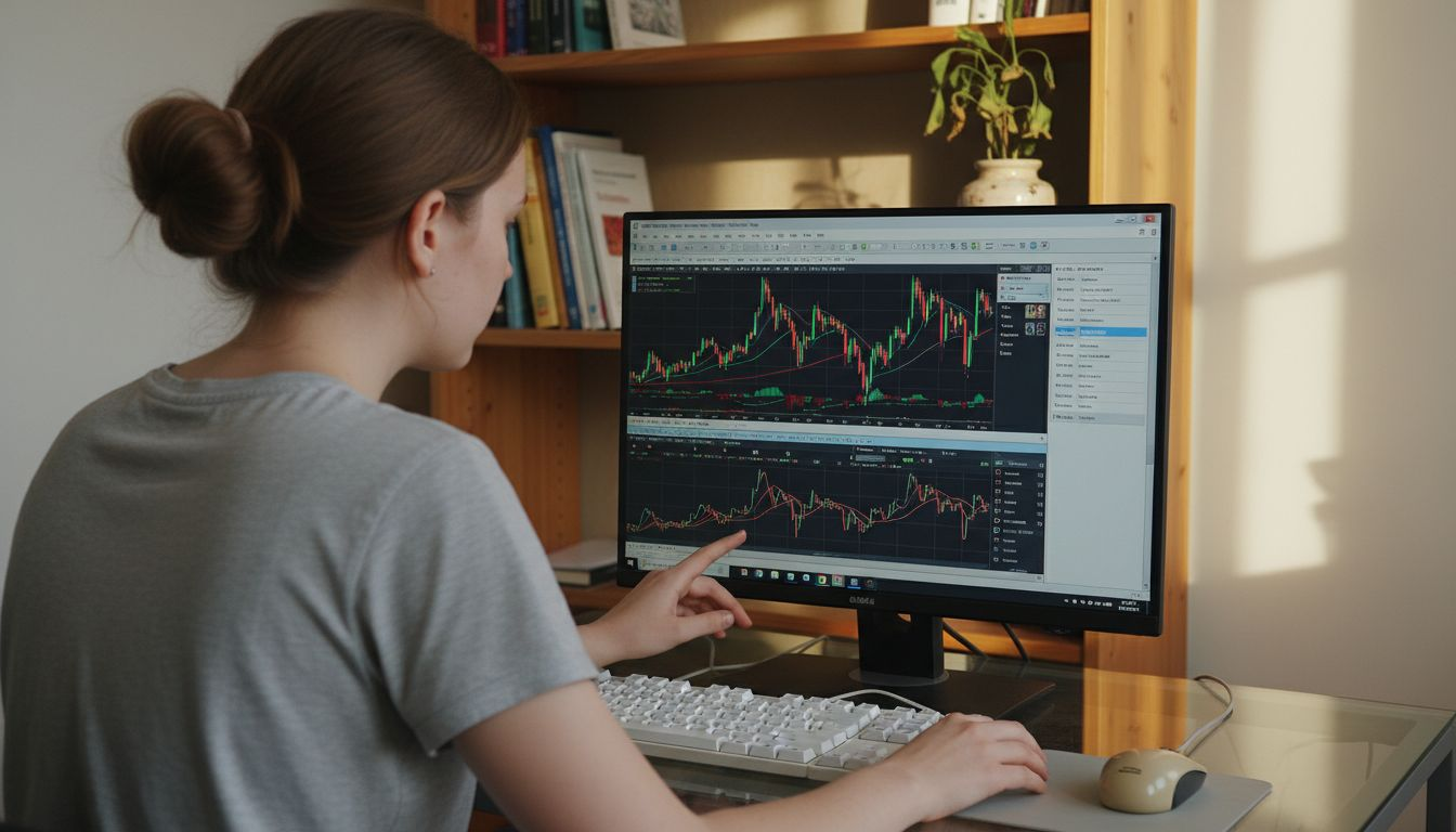Mulher ajustando as configurações do MetaTrader 4 para começar a operar no mercado financeiro