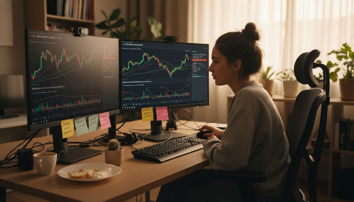 Jovem acompanha vários ativos no mercado de trading online