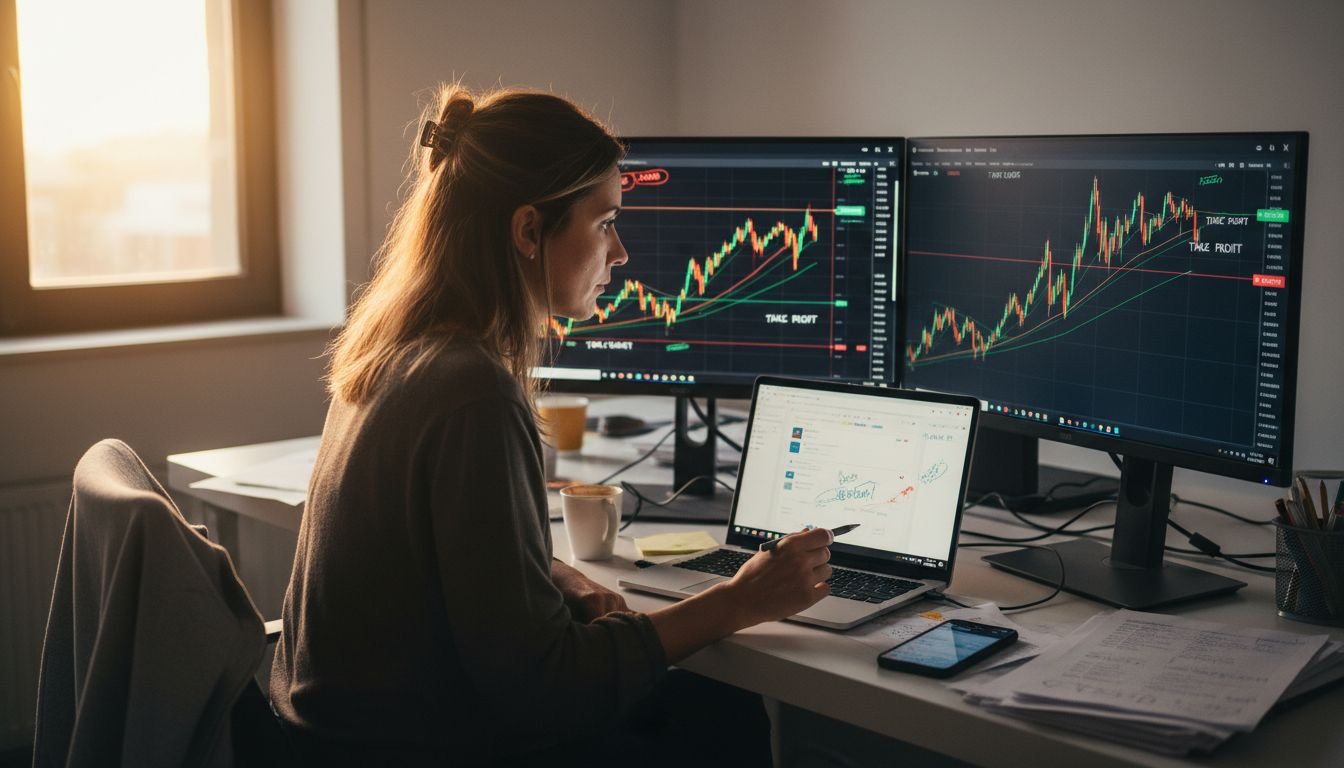 Uma mulher acompanha de perto os riscos do mercado de forex, analisando diferentes gráficos para tomar decisões mais seguras.