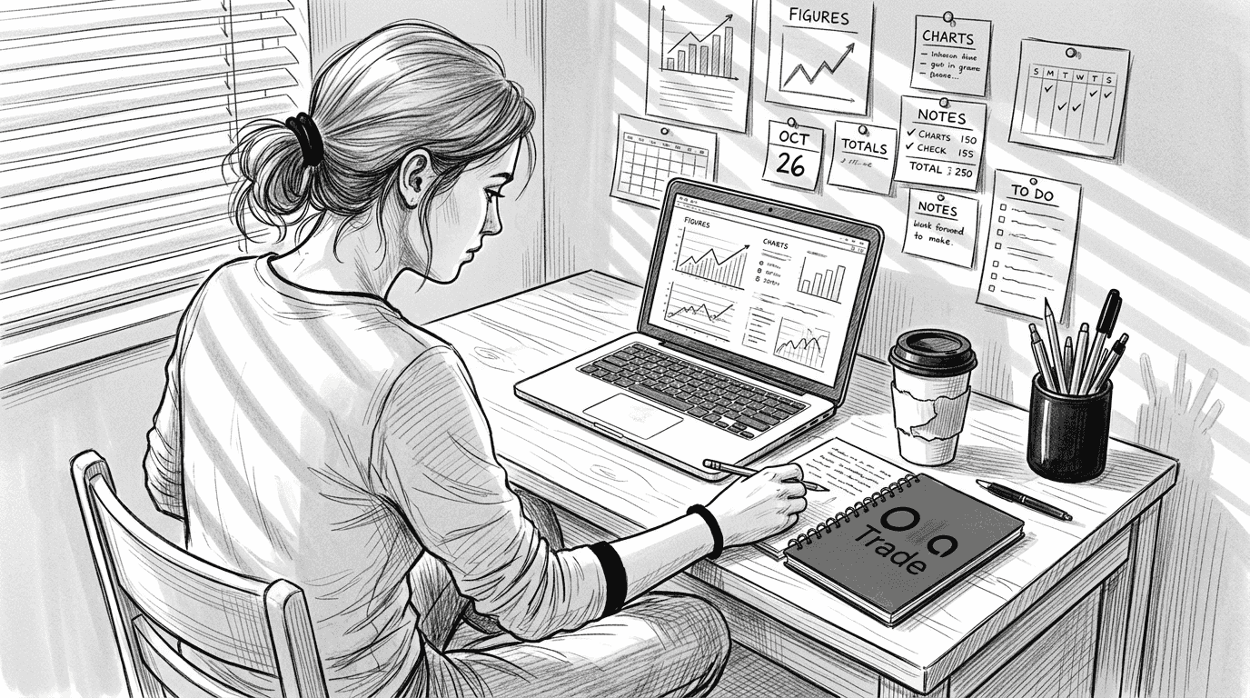 Woman managing forex trades at home desk