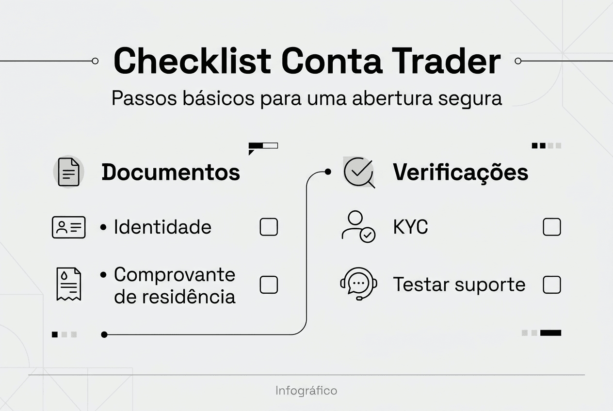 Checklist prático para abrir sua conta de trader: confira o infográfico e veja todos os passos essenciais.