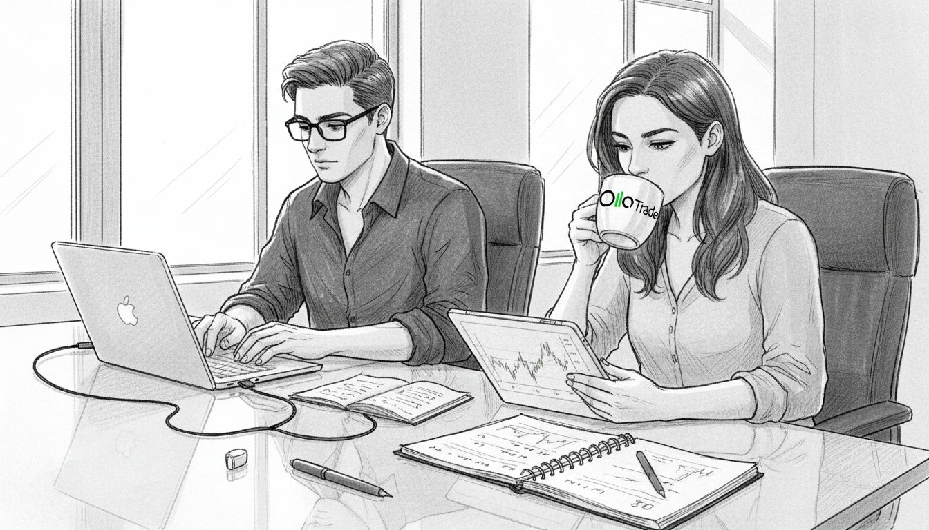 Two colleagues using trading platforms together