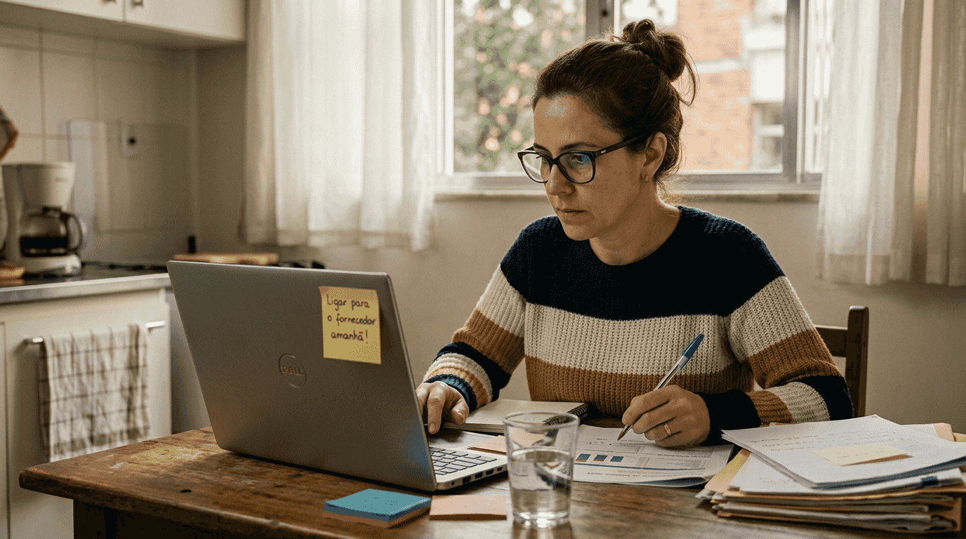 Mulher analisando gráficos no notebook enquanto faz anotações