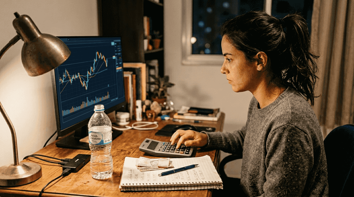 Mulher fazendo o cálculo da margem no mercado forex usando uma calculadora