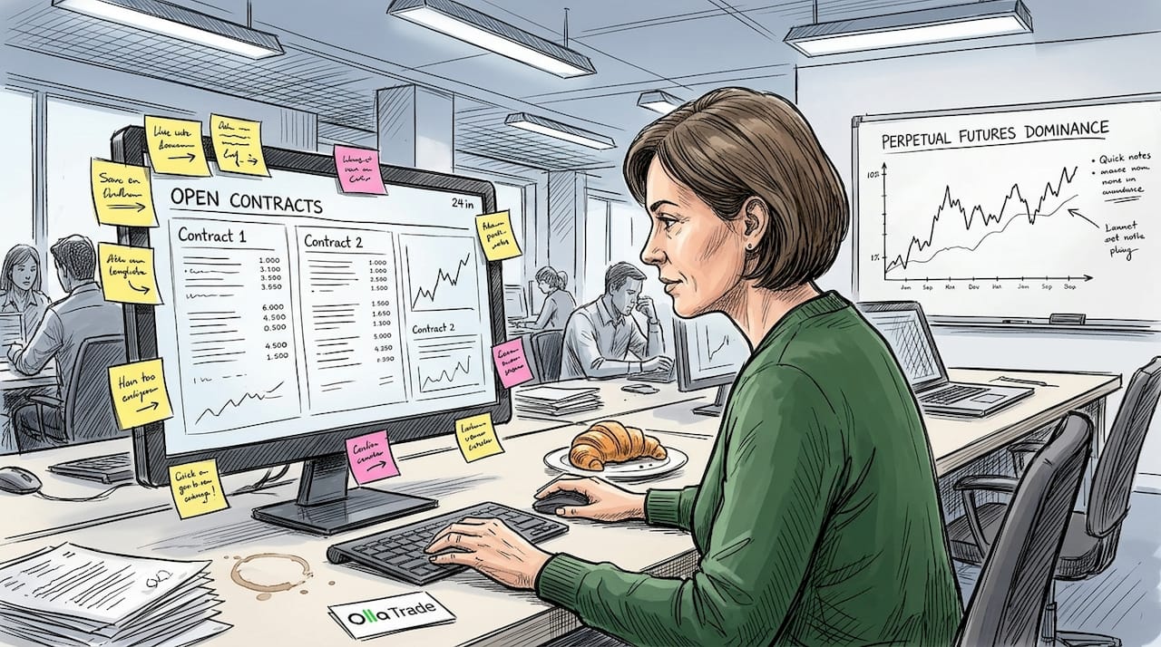 Trader examining perpetual futures contracts in coworking space