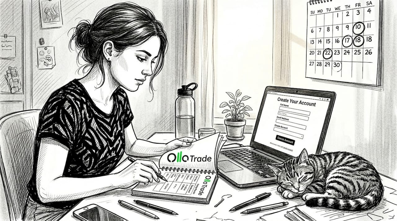 Woman comparing trading platforms at home
