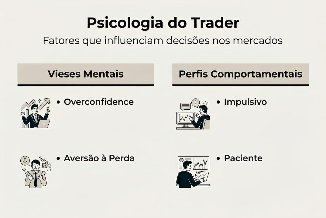Infográfico sobre os principais vieses psicológicos que influenciam o comportamento dos traders
