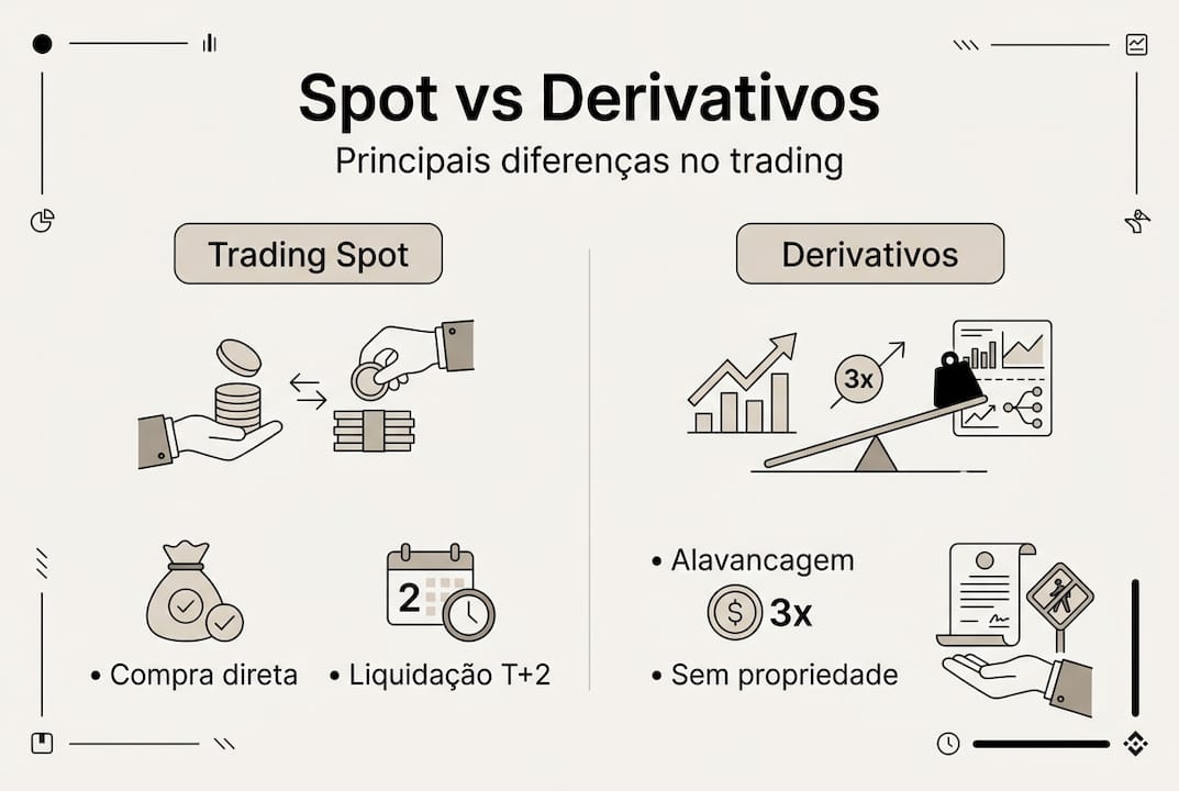 Infográfico mostrando as principais diferenças entre operar no mercado à vista e negociar derivativos