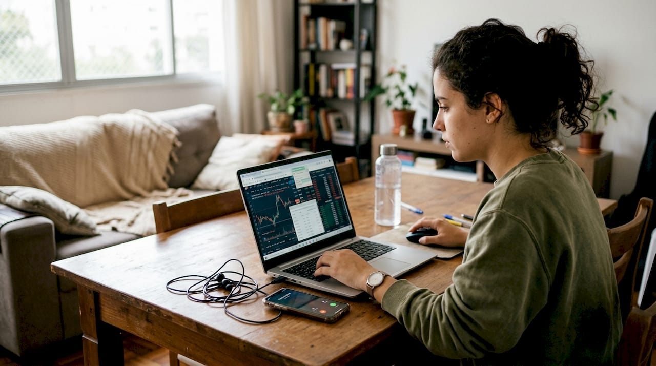 Jovem faz operações pelo notebook em casa