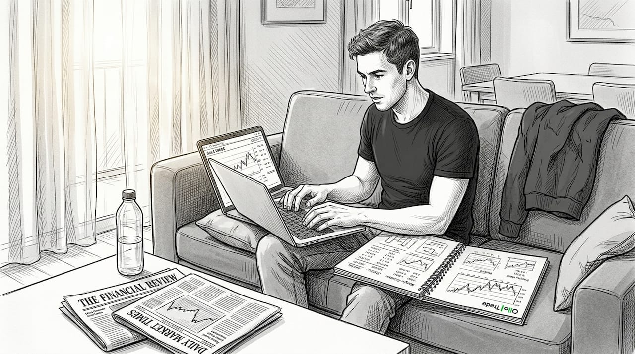 Man calculates trades with laptop and notes