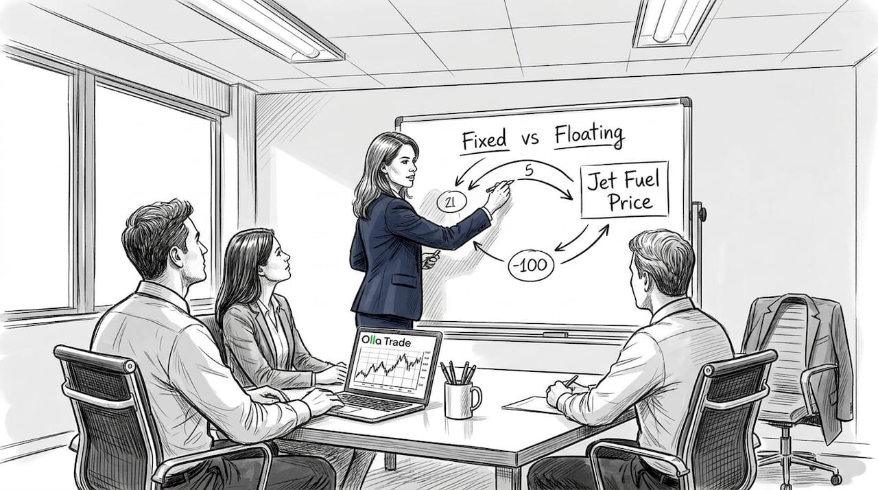 Team reviews commodity swap diagram in meeting