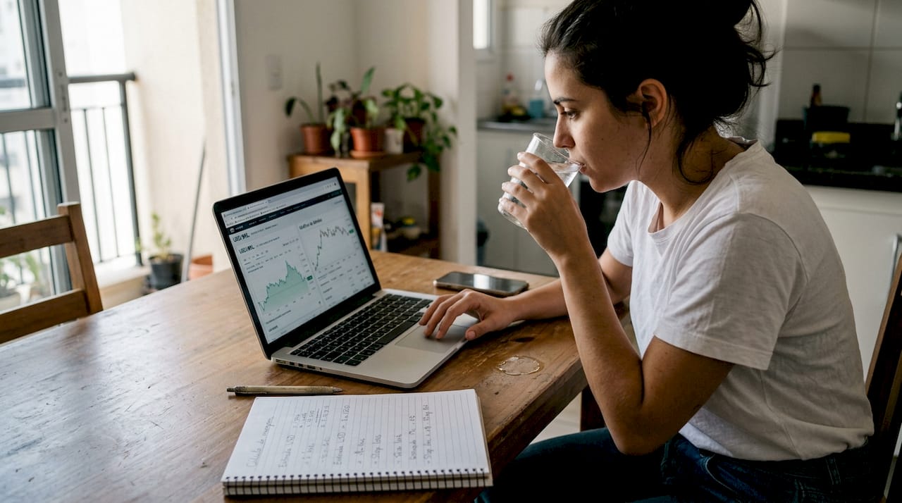 Mulher analisando a liquidez do mercado Forex no notebook