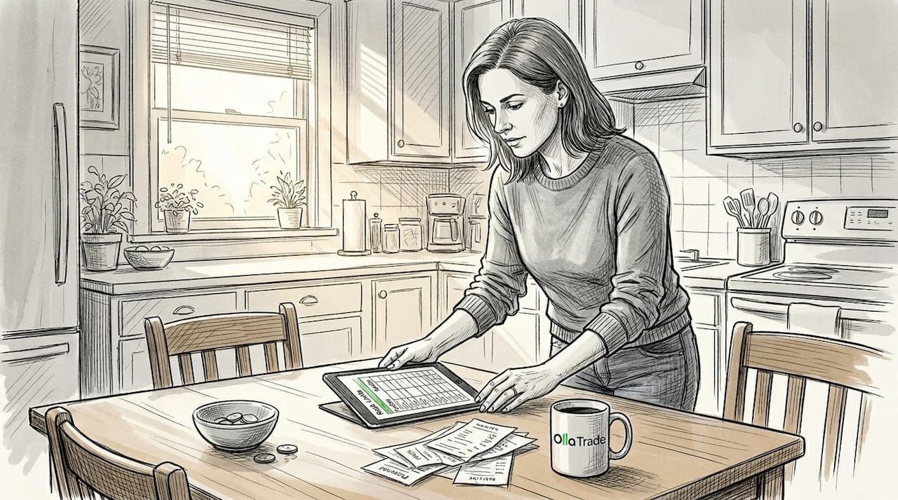 Woman reviews forex risk spreadsheet in kitchen