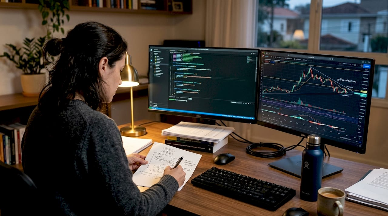 Desenvolvedora fazendo ajustes em sistema automatizado de operações na bolsa
