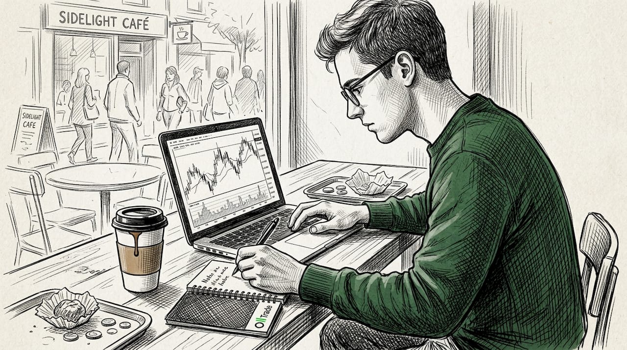 Man reviewing swing trading graphs in café