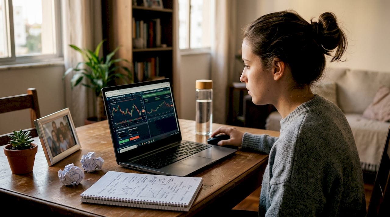 Uma mulher treinando operações de trading no simulador, do conforto de casa.