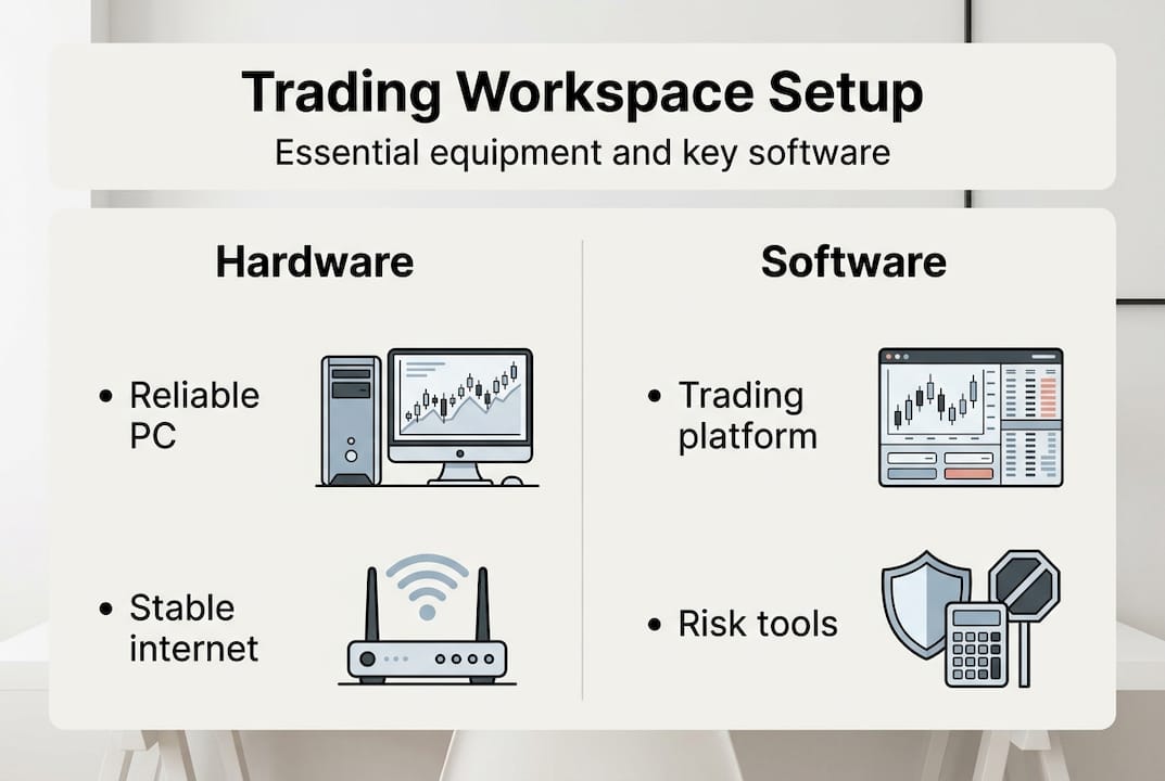 Infographic on trading workspace equipment and software