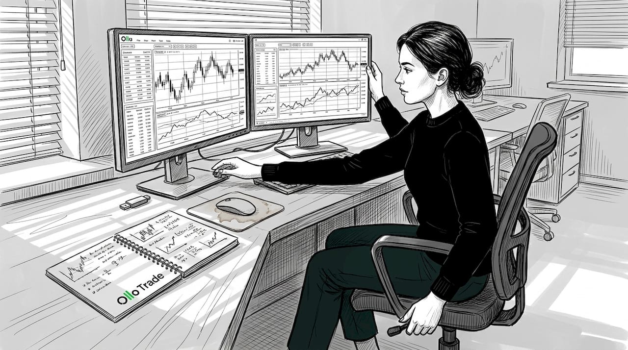 Trader adjusting dual monitors and workflow