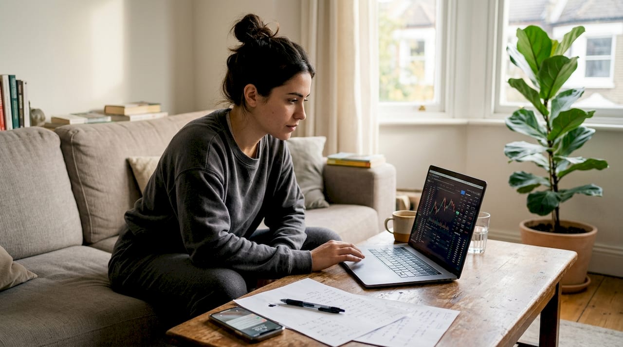 Investidor de swing trade analisando o mercado pelo notebook em casa