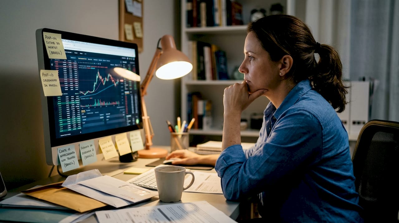 Mulher acompanha os gráficos da bolsa com expressão de apreensão
