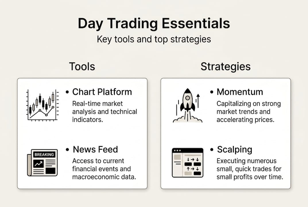 Infographic of day trading tools and strategies