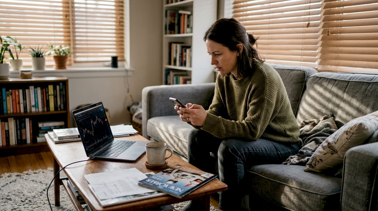 Pessoa acompanha as oscilações do mercado pelo celular