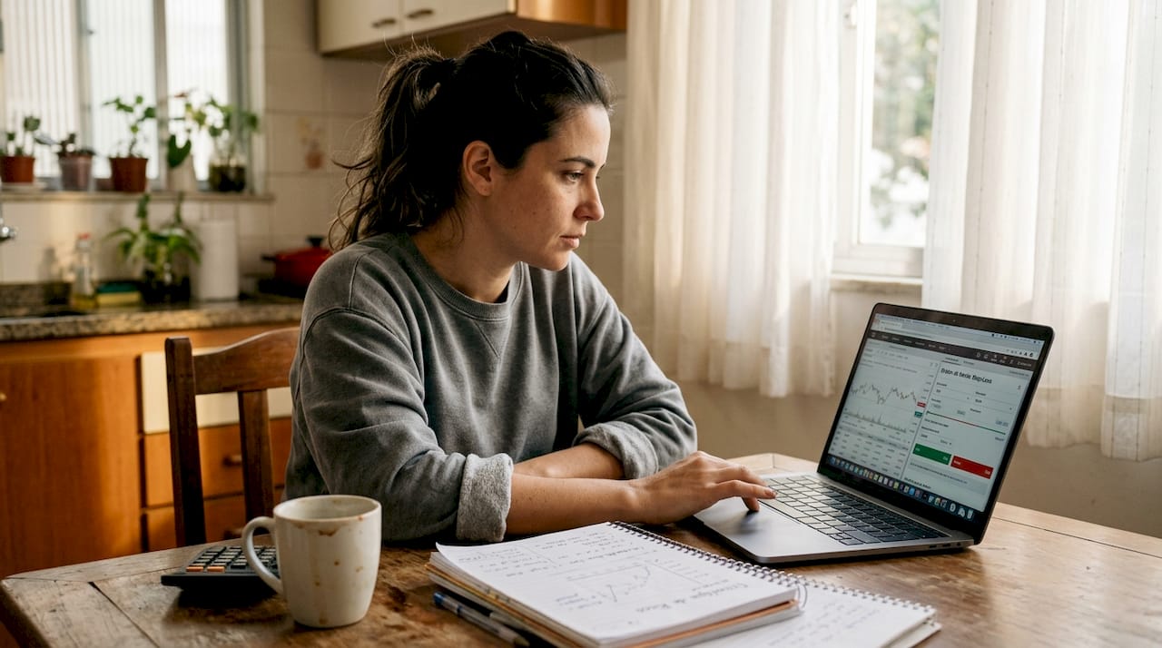Woman placing stop-loss on laptop at kitchen table