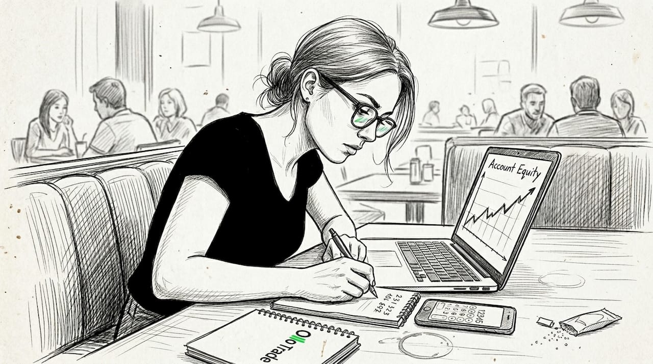 Woman reviewing equity breakdown in café