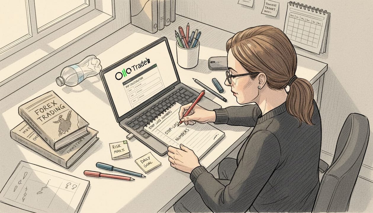 Woman reviewing Forex risk and pip notes