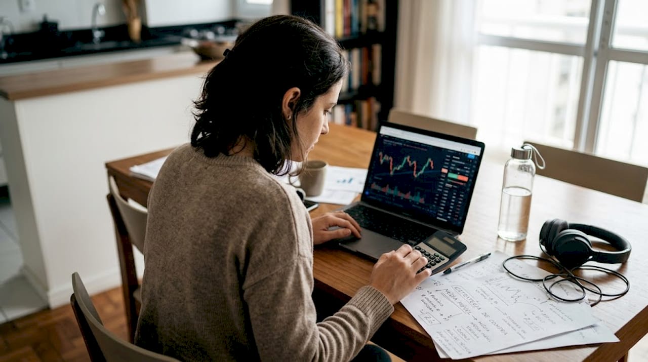 Mulher analisando riscos e definindo estratégias para operar no mercado financeiro