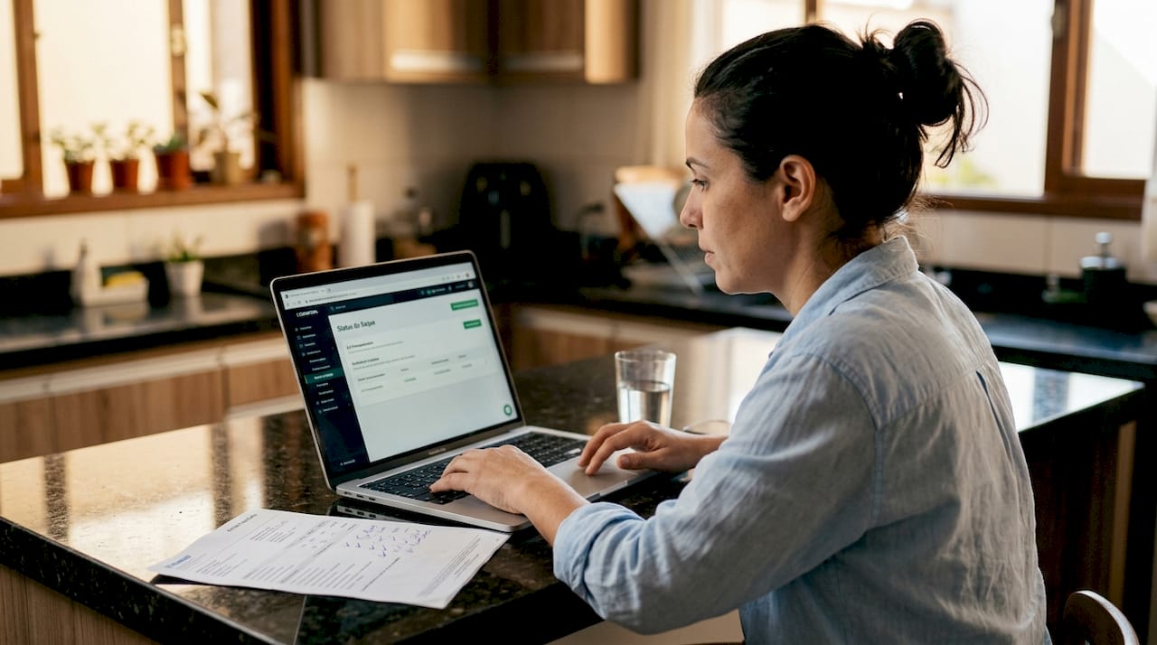 Mulher acessando a plataforma online para verificar o valor do saque