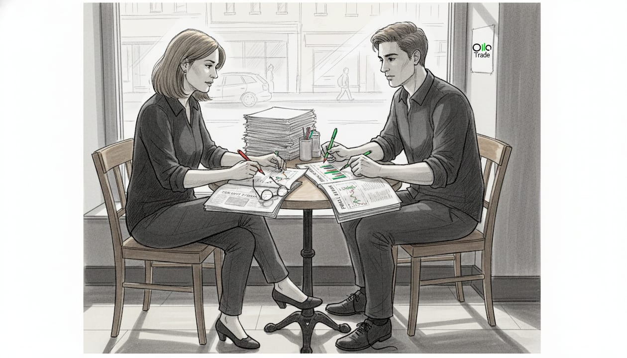 Colleagues discussing forex stats at café table