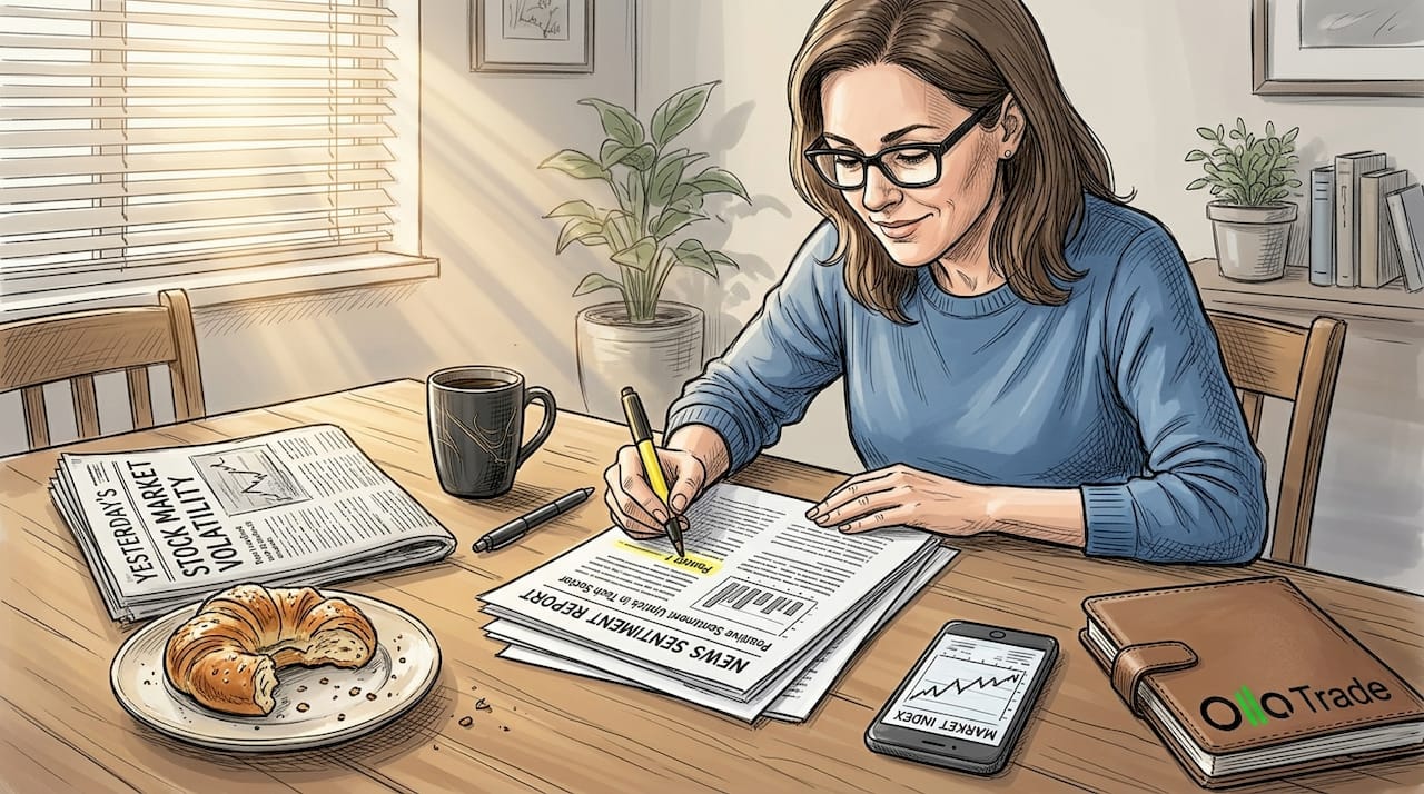 Investor highlighting sentiment report at kitchen table