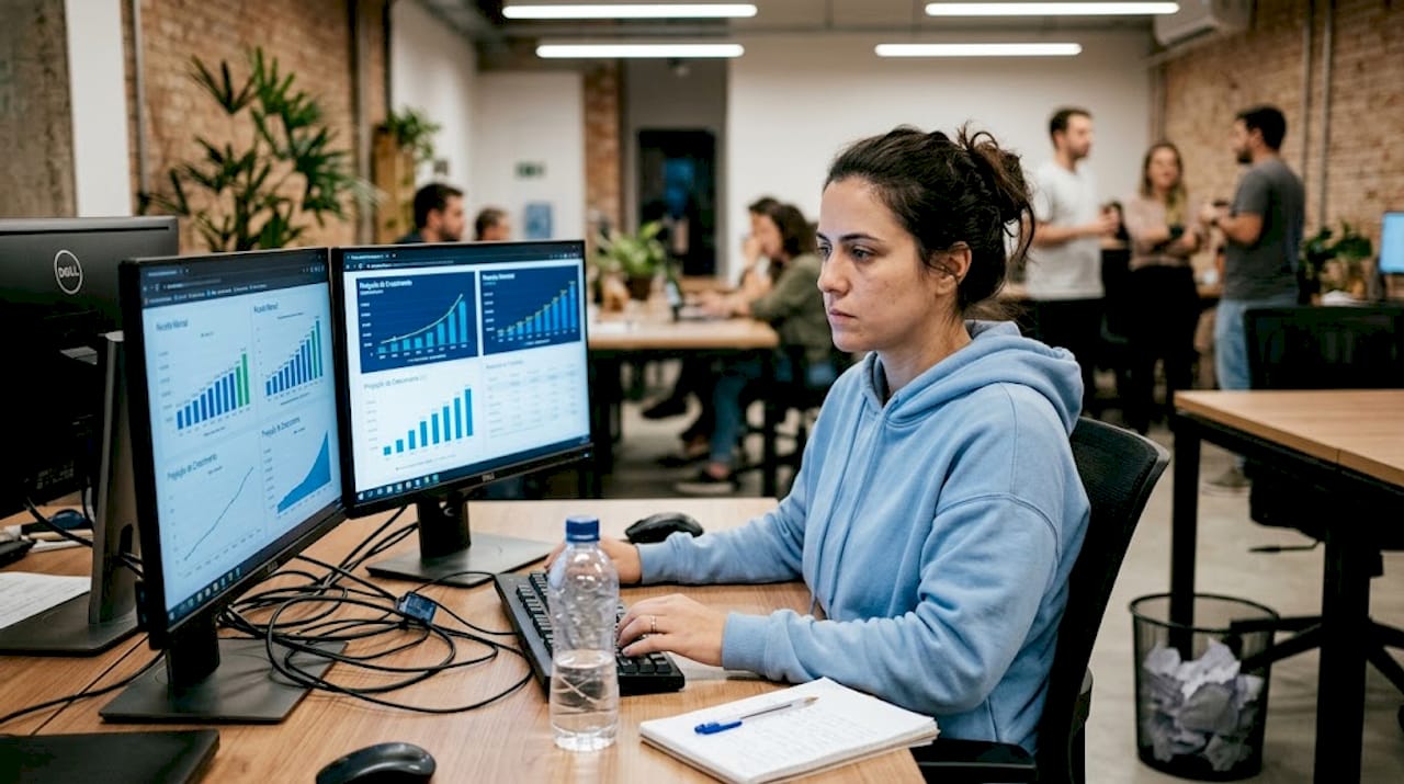 Mulher analisando gráficos para monitorar os riscos do mercado