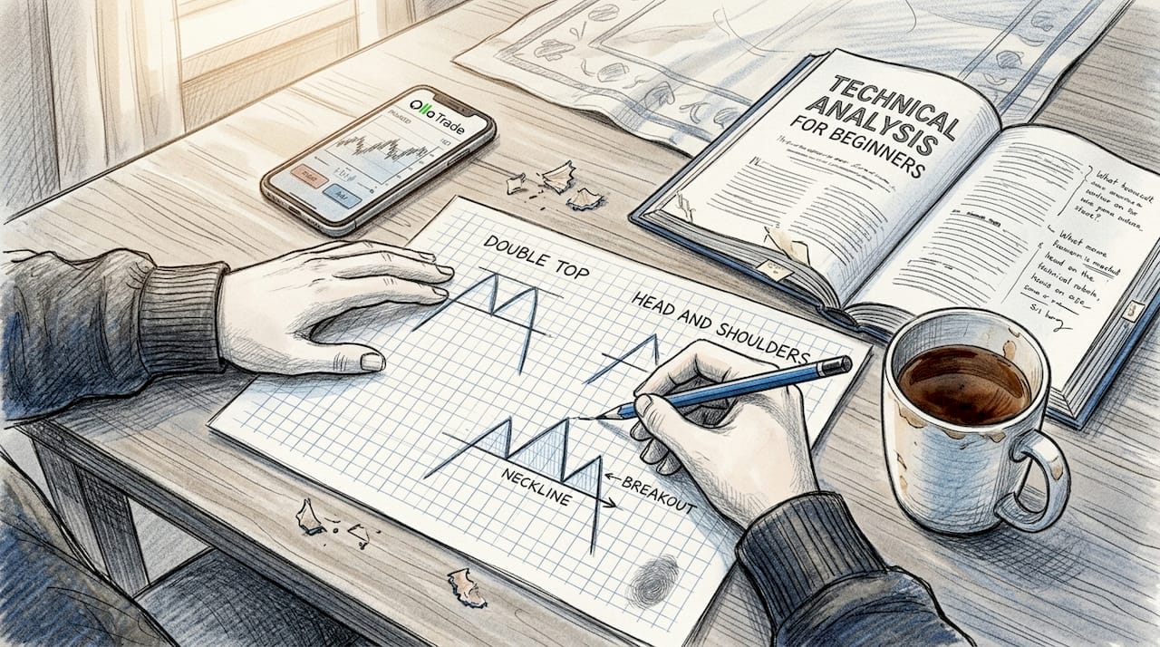 Person drawing trading patterns in notebook