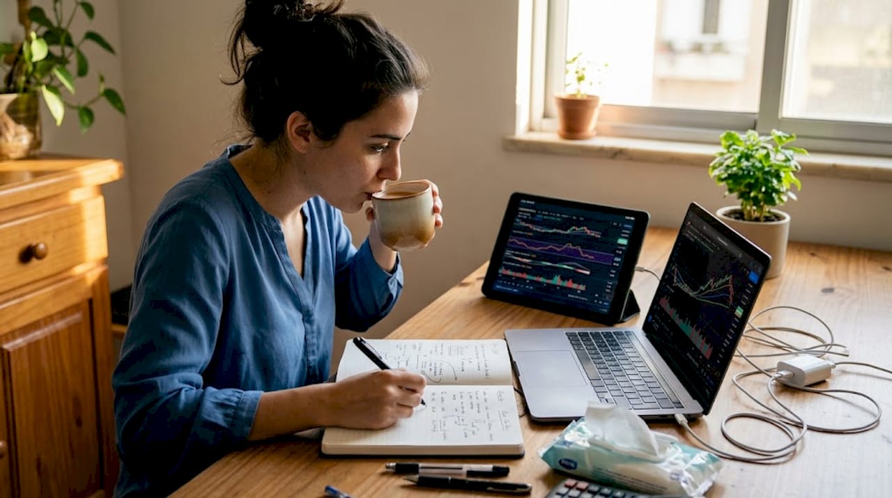 Trader acompanha os gráficos e indicadores em dois monitores