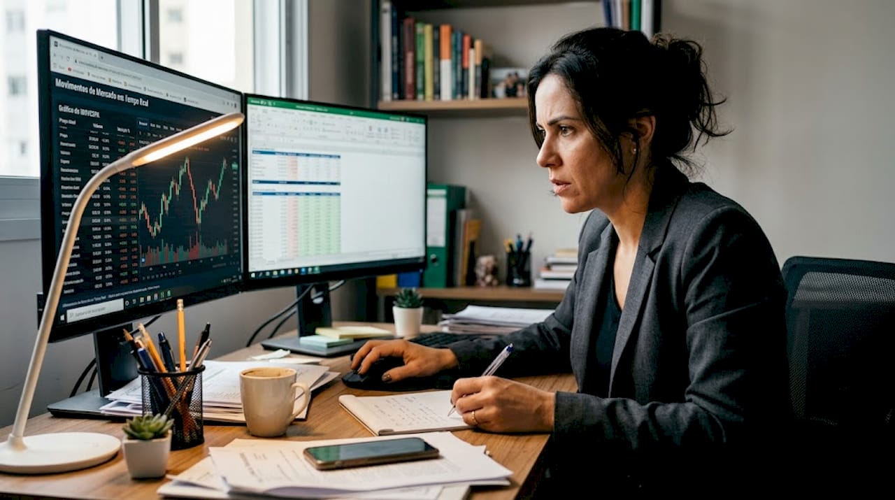 Trader analisando a oscilação do mercado em duas telas