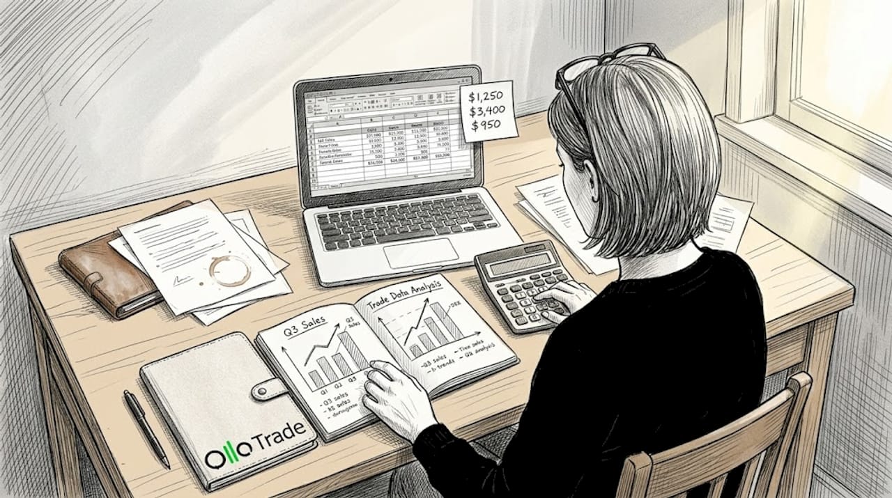 Woman calculating trade size at desk