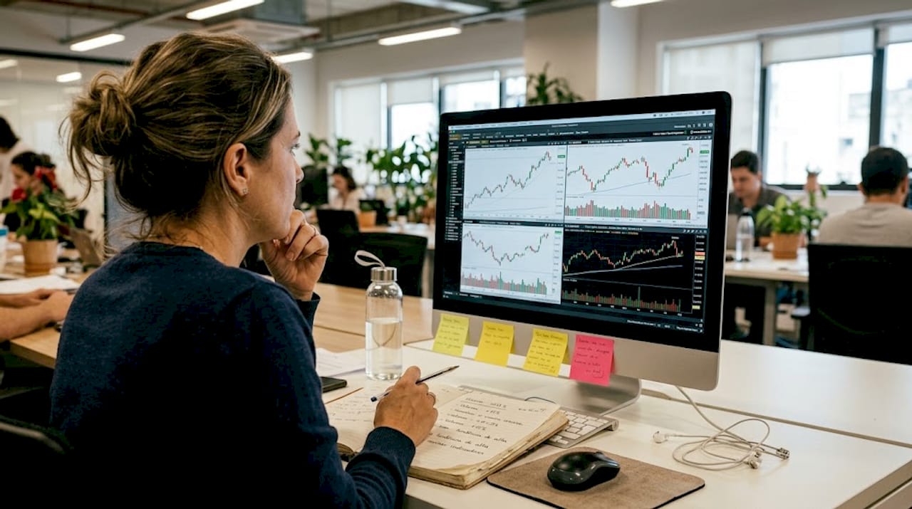 Mulher analisa gráficos de preço e volume na tela do computador